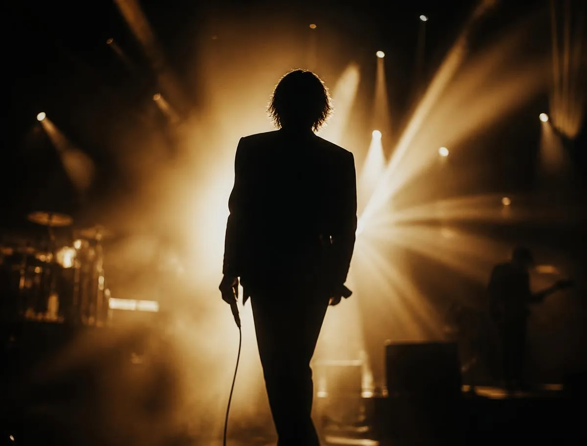 Silhouette of a vocalist backlit by amber stage beams