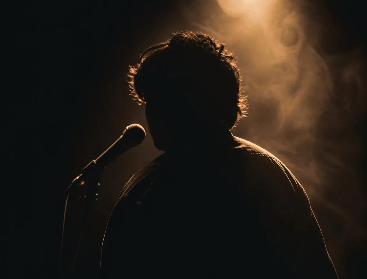 Shadowed figure at a microphone rimmed by a single warm light