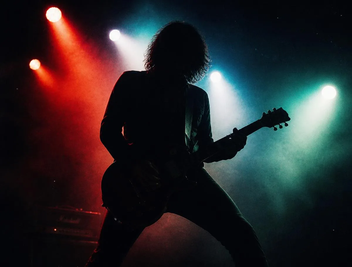 Guitarist silhouette against red and teal spotlights