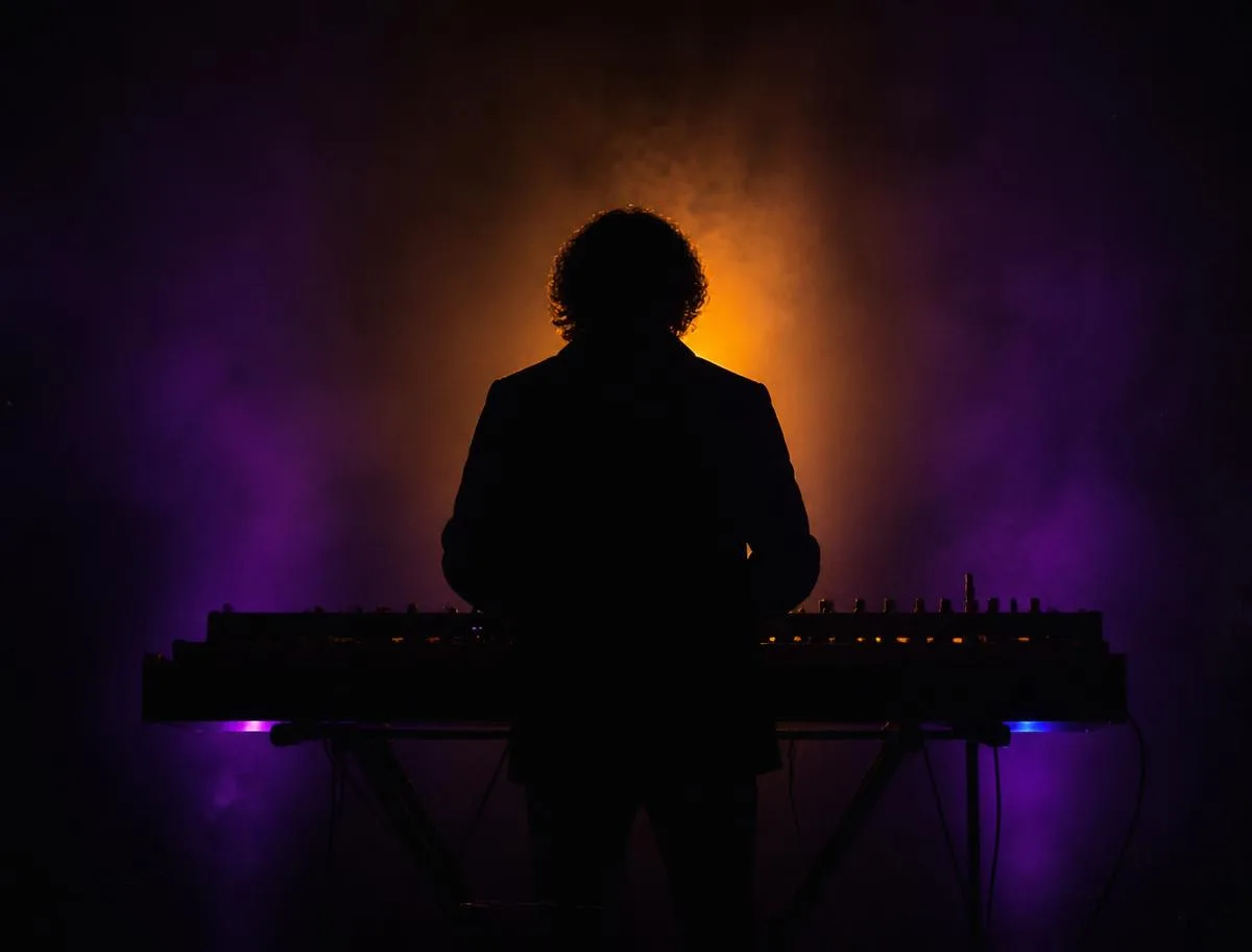Silhouette of a keyboard player in purple and amber haze