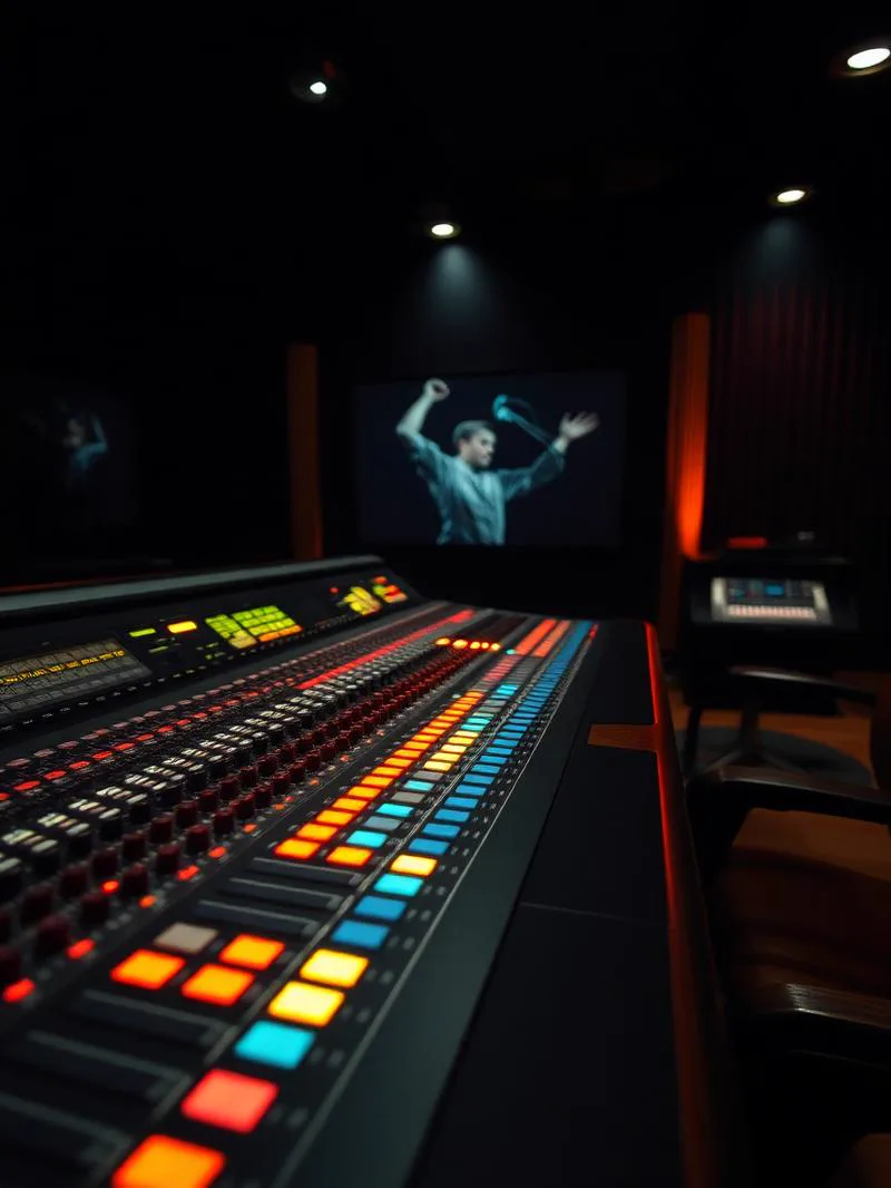 Analog mixing console with lit faders in a dark control room