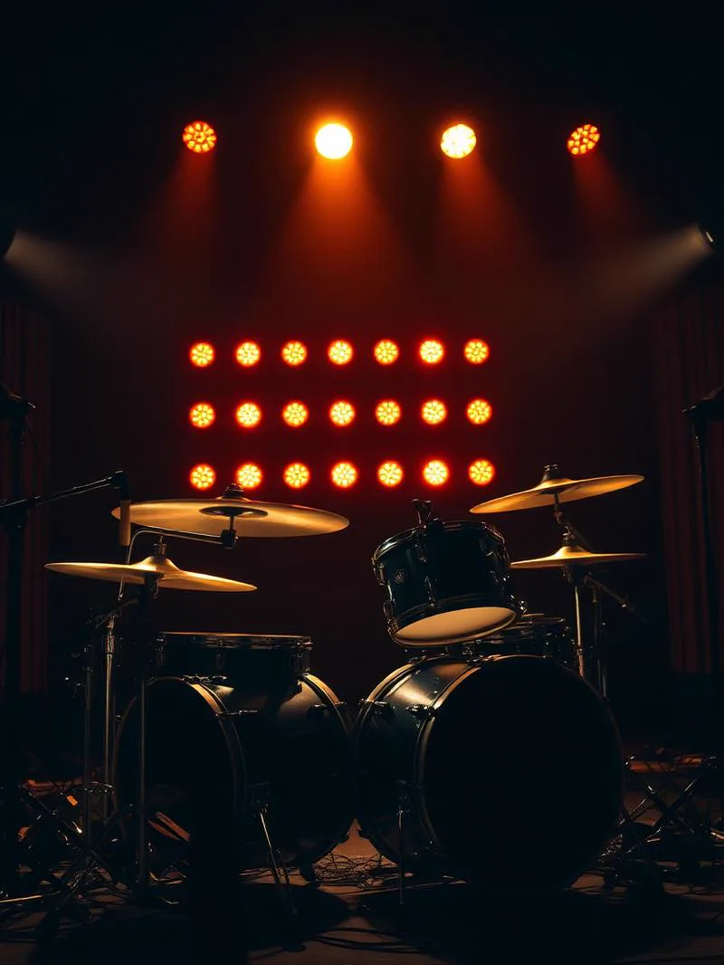 Drum kit lit by warm stage lights in a dark room
