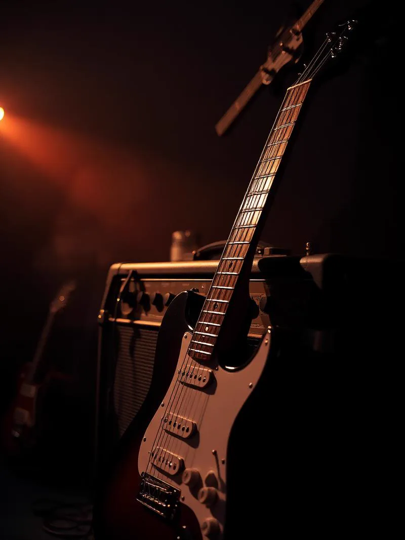 Electric guitar resting against an amplifier in a hazy studio